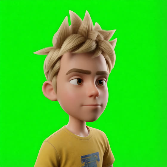 The same boy in a close-up portrait, on a green screen