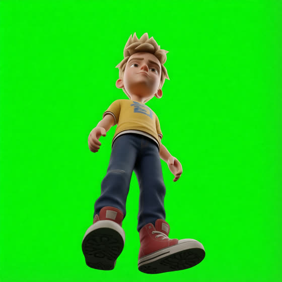 A cartoon boy with spiky blond hair seen from below, on a green screen