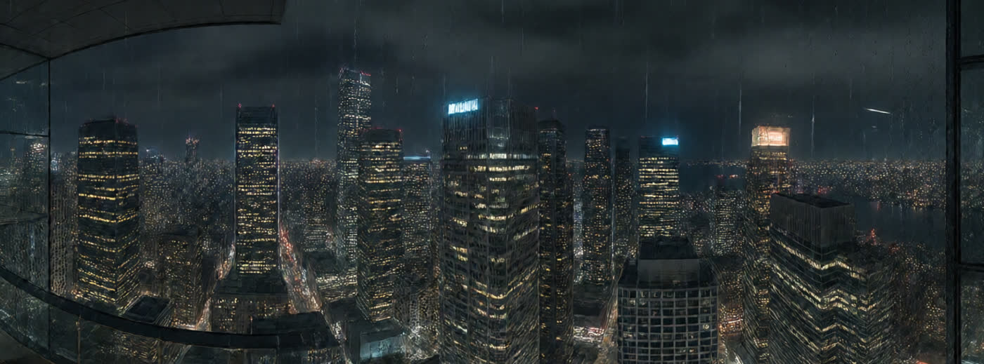 A rainy night city seen through the glass walls of a skyscraper's top floor