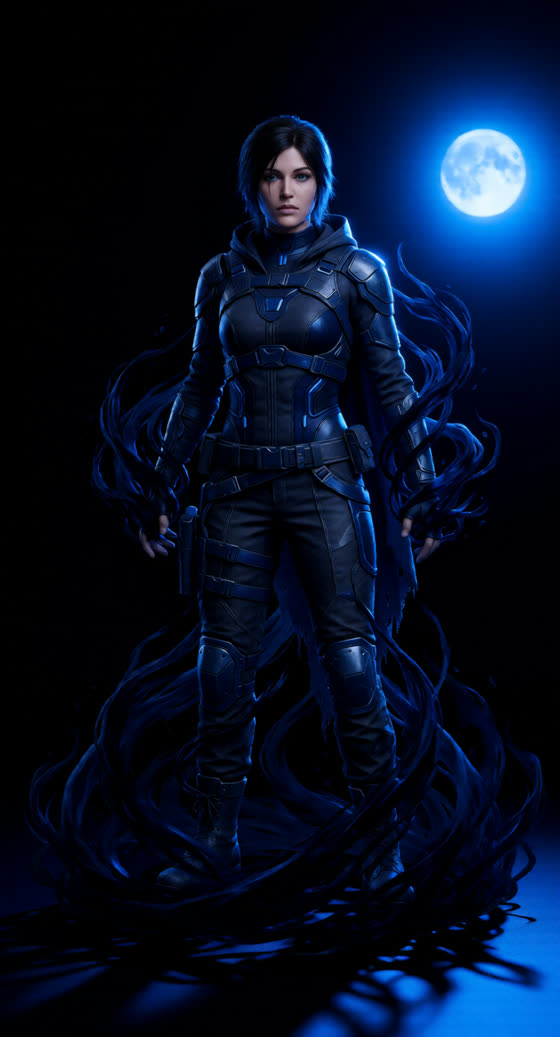 A character in dark armour lit by cold blue moonlight, with shadowy tendrils around her