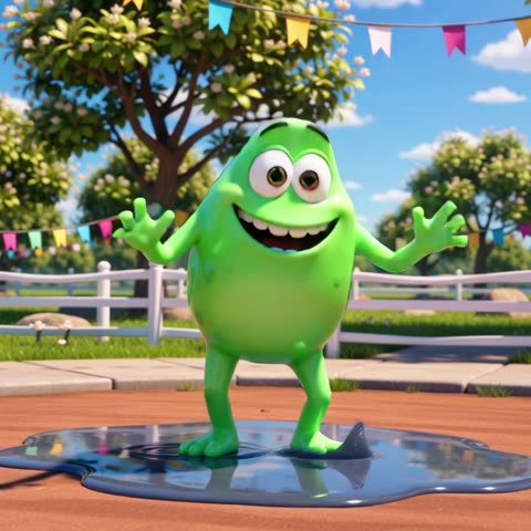 A cheerful green cartoon slime dancing in a sunny park